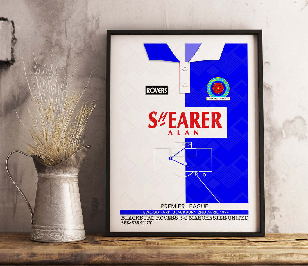 Shearer Brace 1994 Blackburn 2-0 Man United Memorable Match Shirt Print Gift- Blackburn Rovers Fan memorabilia- BRFC