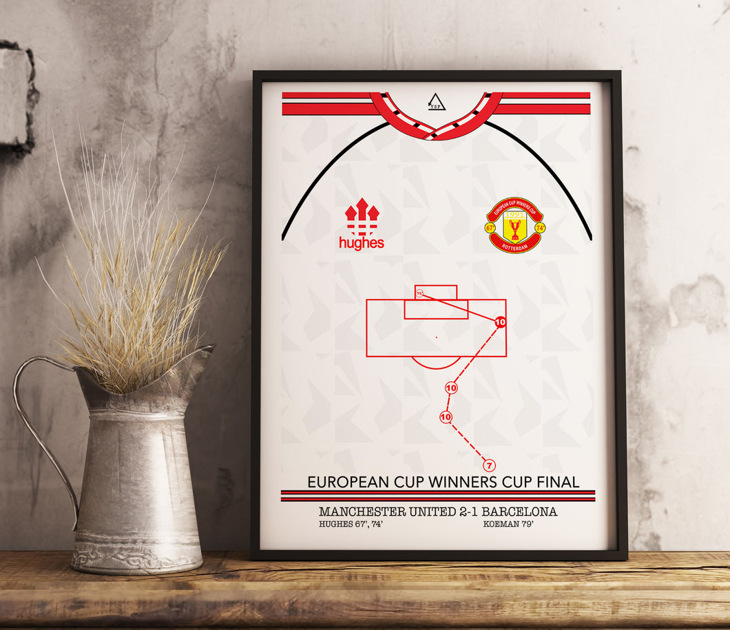Hughes MUFC v Barcelona 1991 Memorable Match Shirt Print Gift- Fan memorabilia- Man United