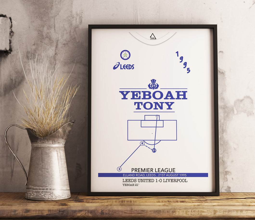 Yeboah v Liverpool 1995 Memorable Match Shirt Print Gift- Fan memorabilia- Leeds United