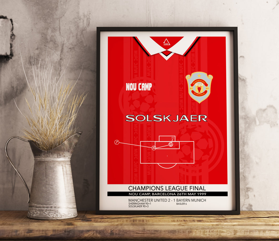 Solskjaer 1999 MUFC 2-1 Bayern UCL Final Memorable Match Shirt Print Gift- Fan memorabilia- Man United
